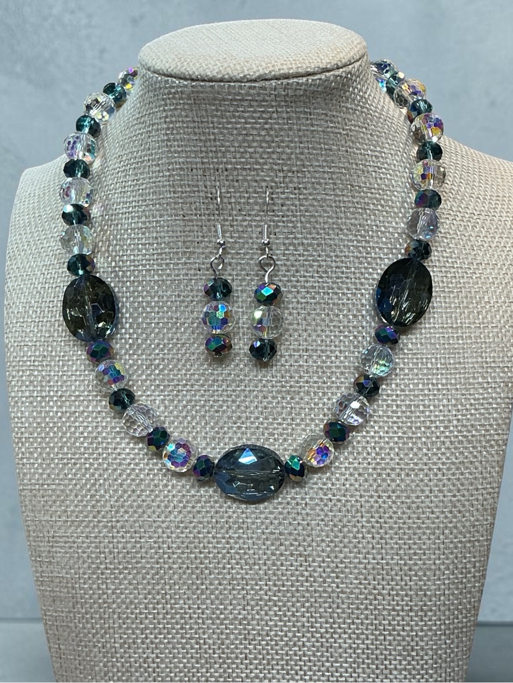 Twilight Blue Green Iridescent Aurora Borealis Crystal Beaded Jewelry Set